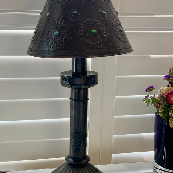 Vintage Handcrafted Mexican Punched Tin Table Lamp with Glass Marble Shade - Picture 2 of 11